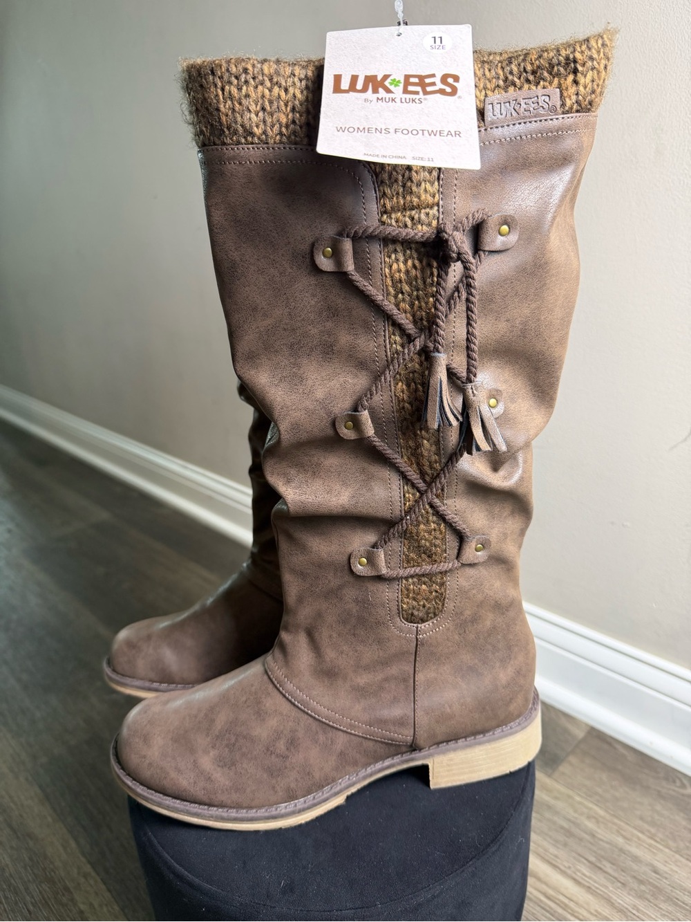Muk Luks Brown Knit-Top Mid-Calf Heeled Boots